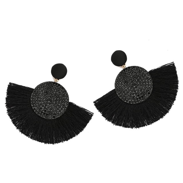 Trayknick Bohemia Femmes Forme de Fan Pompon Strass Incrusté Oreille Stud Boucles d'Oreilles Bijoux Cadeau
