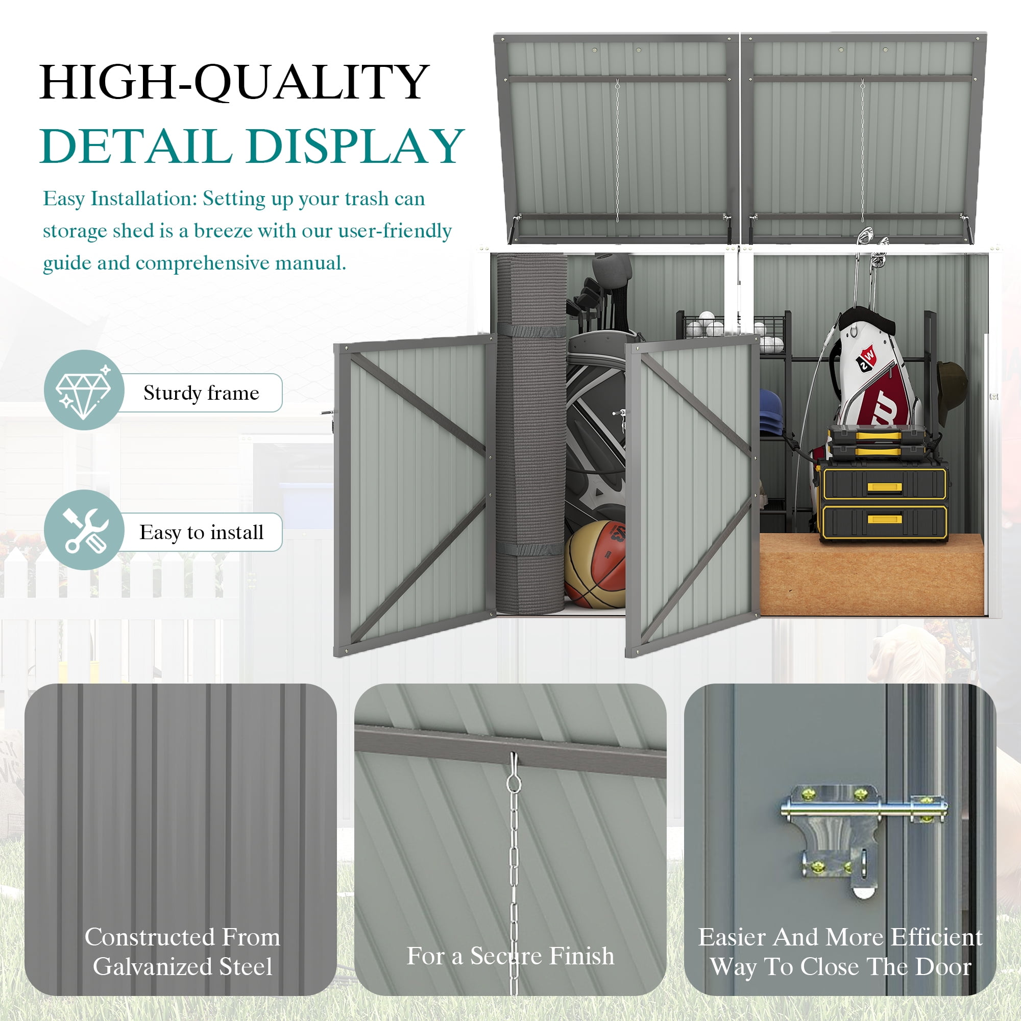 Aukfa 5.3 FT x 4 FT Outdoor Horizontal Garbage Bin Shed for 2 Trash Cans, Metal Trash Can Storage Shed with Lid Lift Chains & Hydraulic Support for Backyard Garden Lawn, Light Gray