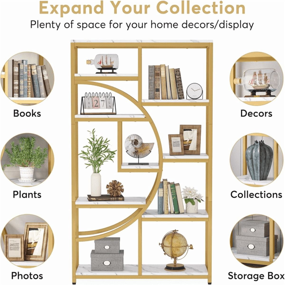 9-Tier Etagere Bookcase, Gold Metal Frame with White Marbling Boards, Half-Moon Silhouette, Industrial-Chic Design for Living Room/Home Office