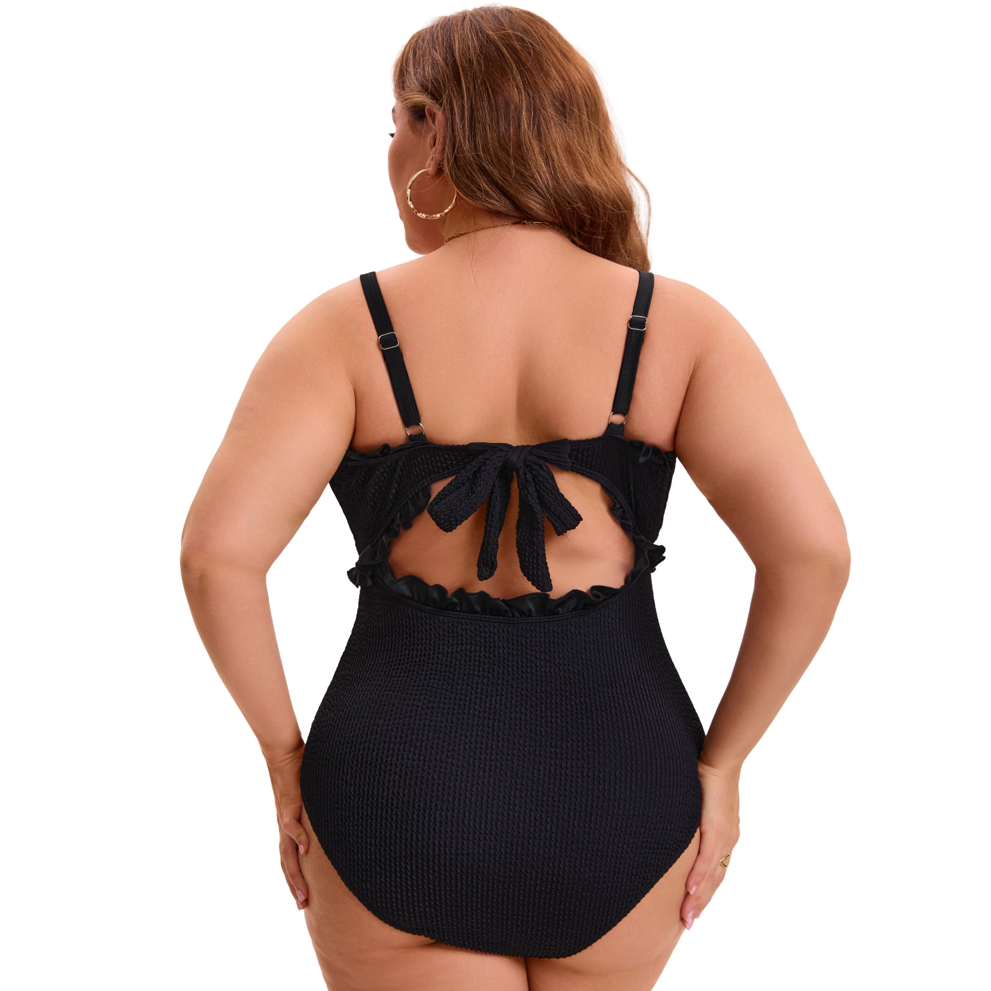 DARING DIVA Women's Plus 1 Pc Bathing Suit Ribbed Monikini Tummy Control 2X Black