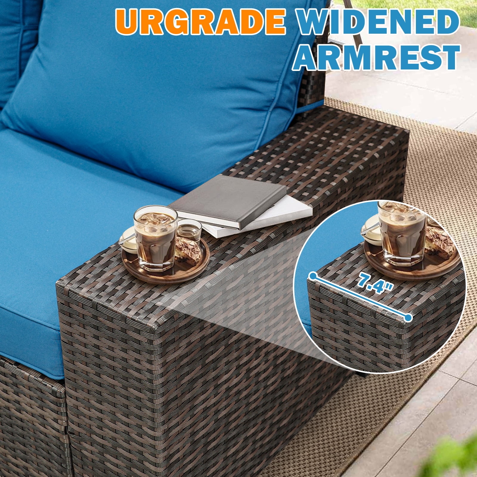 TerraRelax 6 Pieces Patio Furniture set All-Weather Outdoor Wicker Sectional Conversation Sofa Rattan patio seating sofa with cushion and Glass Table and Ottoman for Porch Poolside,Peacock