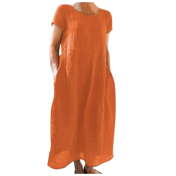 Vestido largo de manga corta, cómodo y holgado, de color liso, para mujer, para el verano - Poliéster ligero - Largo midi, para el día a día y los viajes