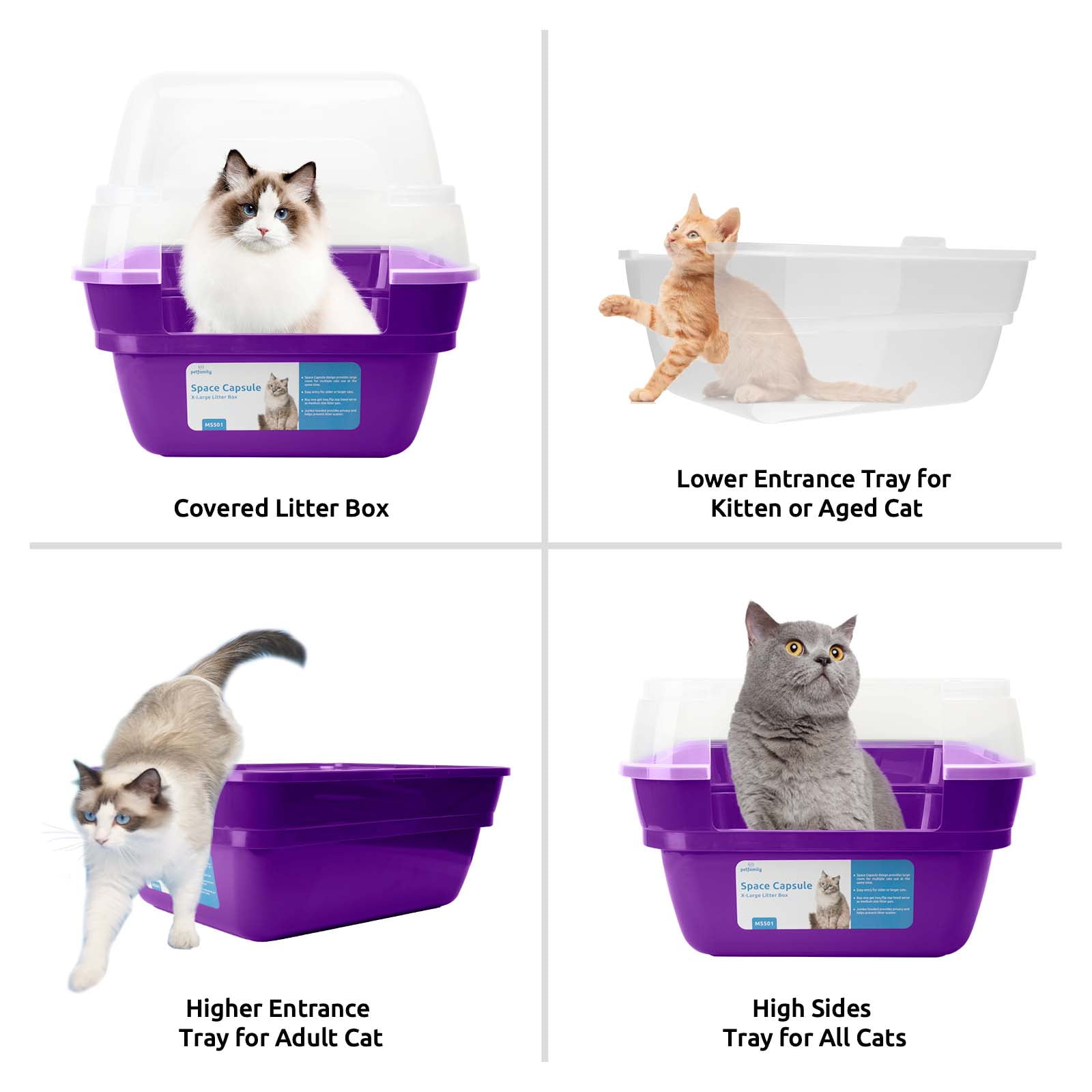 Petfamily Extra Large Cat Litter Box, Color Purple, Jumbo Hooded, 21.50 x 17.90 x 17.25 in