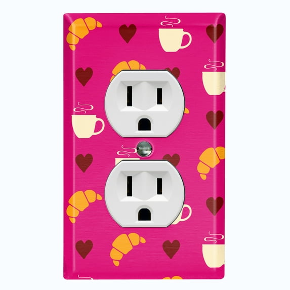 Metal Light Switch Wall Plate Outlet Cover (Coffee Espresso Mocha Cup Heart Croissant Pattern Pink - Single Duplex)