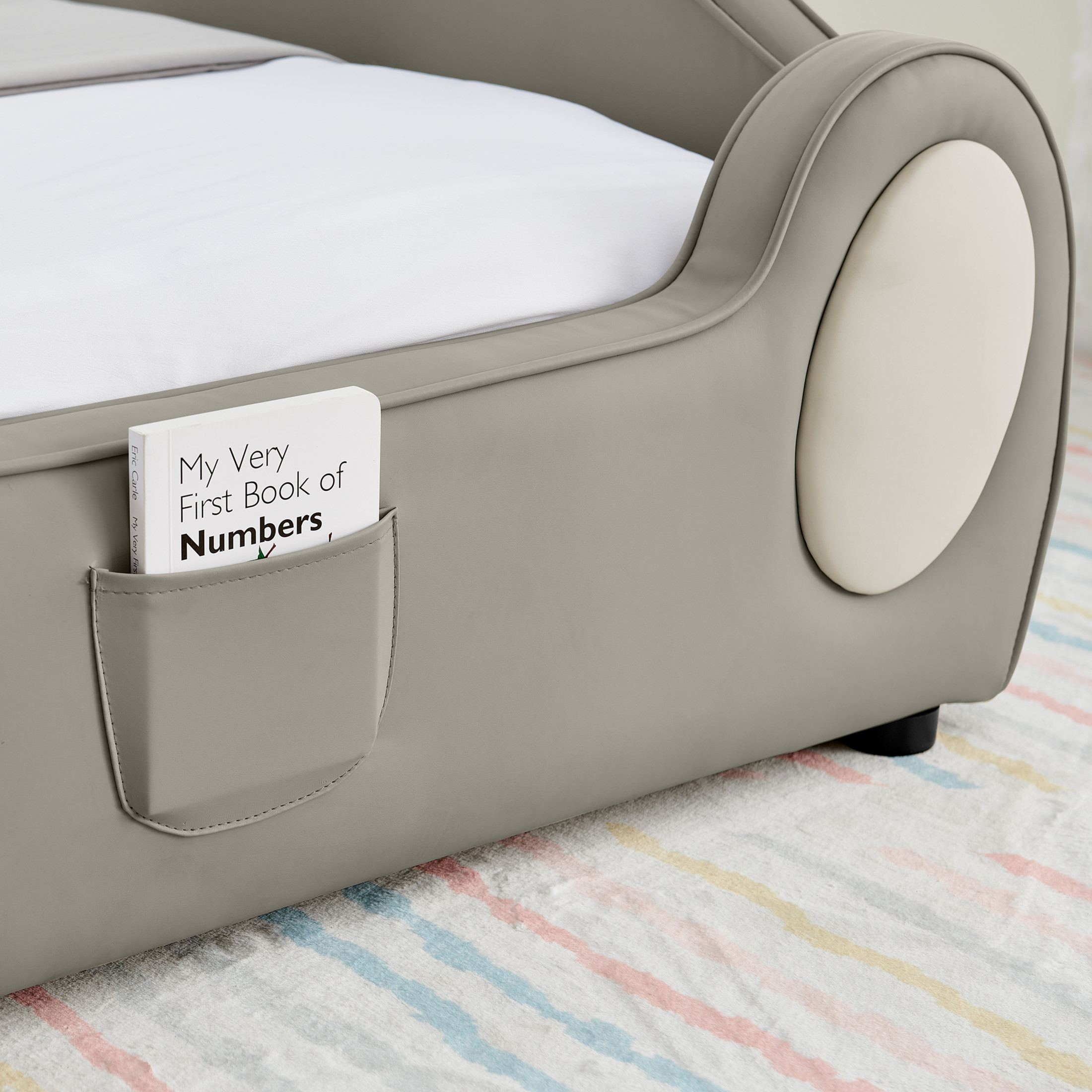 Noble House Mavor Twin Size Cute Cloud PU Leather Kids Bed with Guardrails, Cartoon Safety Toddler Bed, Grey & Beige