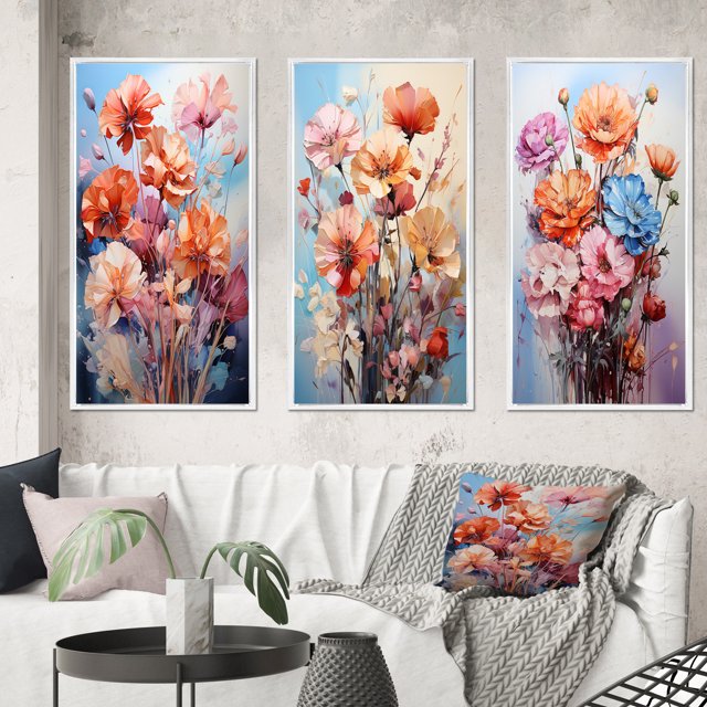 Designart "Carnations Representation Colorfuled Acrylic III" Floral & Botanical Framed Wall Art Set Of 3 - Peach Carnations Frame Canvas Set For Living Room Decor