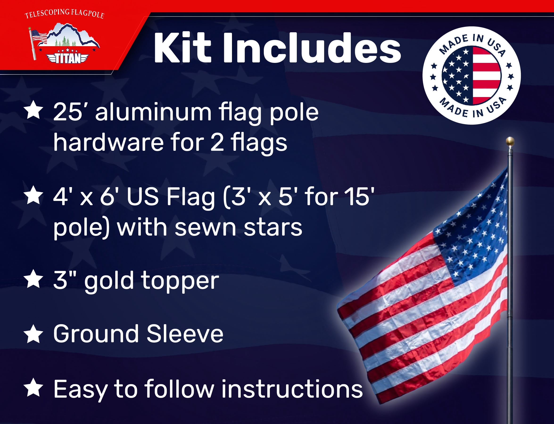 Titan Telescoping FlagPoles Kit, Aluminum, Bronze Black 25ft