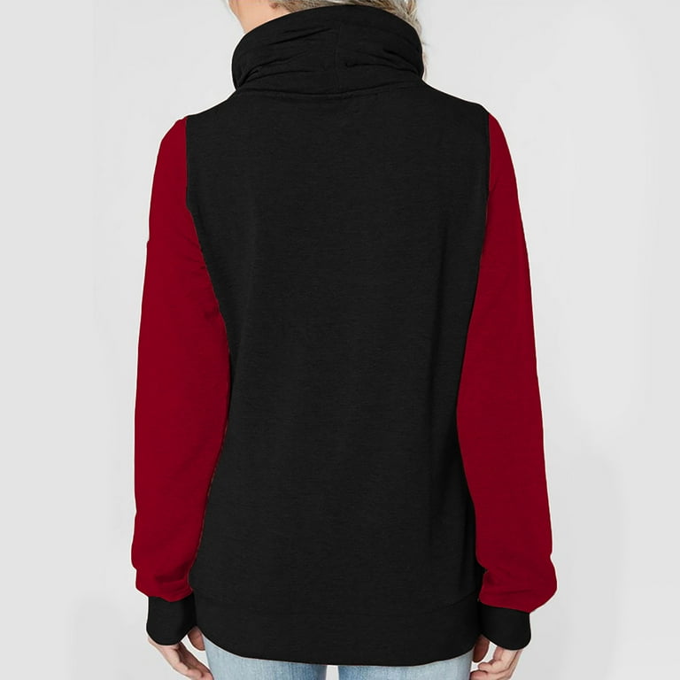XFLWAM Womens Cowl Neck Hoodies Jackets Oblique Full Zip Up Fleece Jumper Sweatshirt Drawstring Pullover Outerwear with Pockets Red XXL