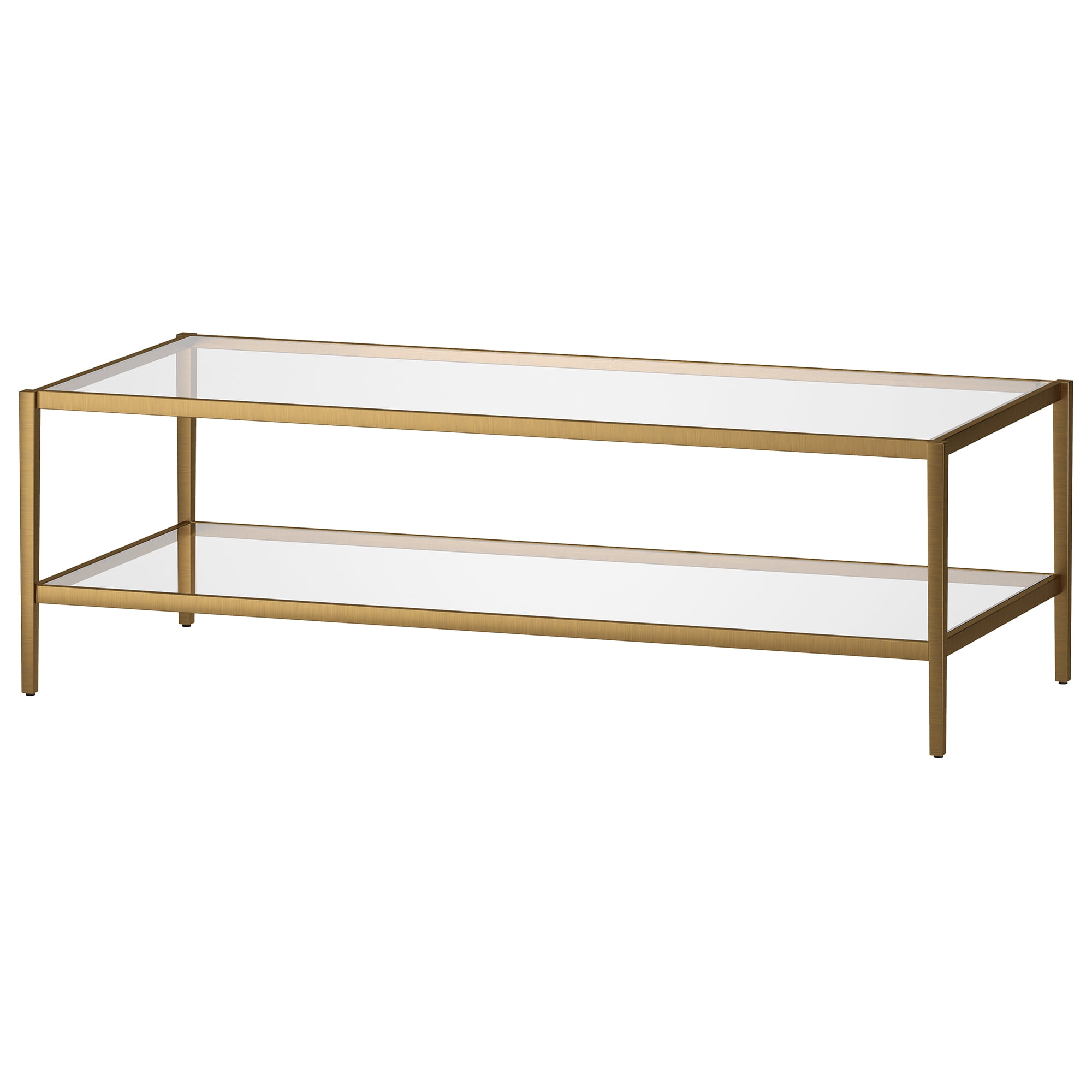 Evelyn&Zoe Hera 54" Wide Rectangular Coffee Table with Glass Shelf, Antique Brass