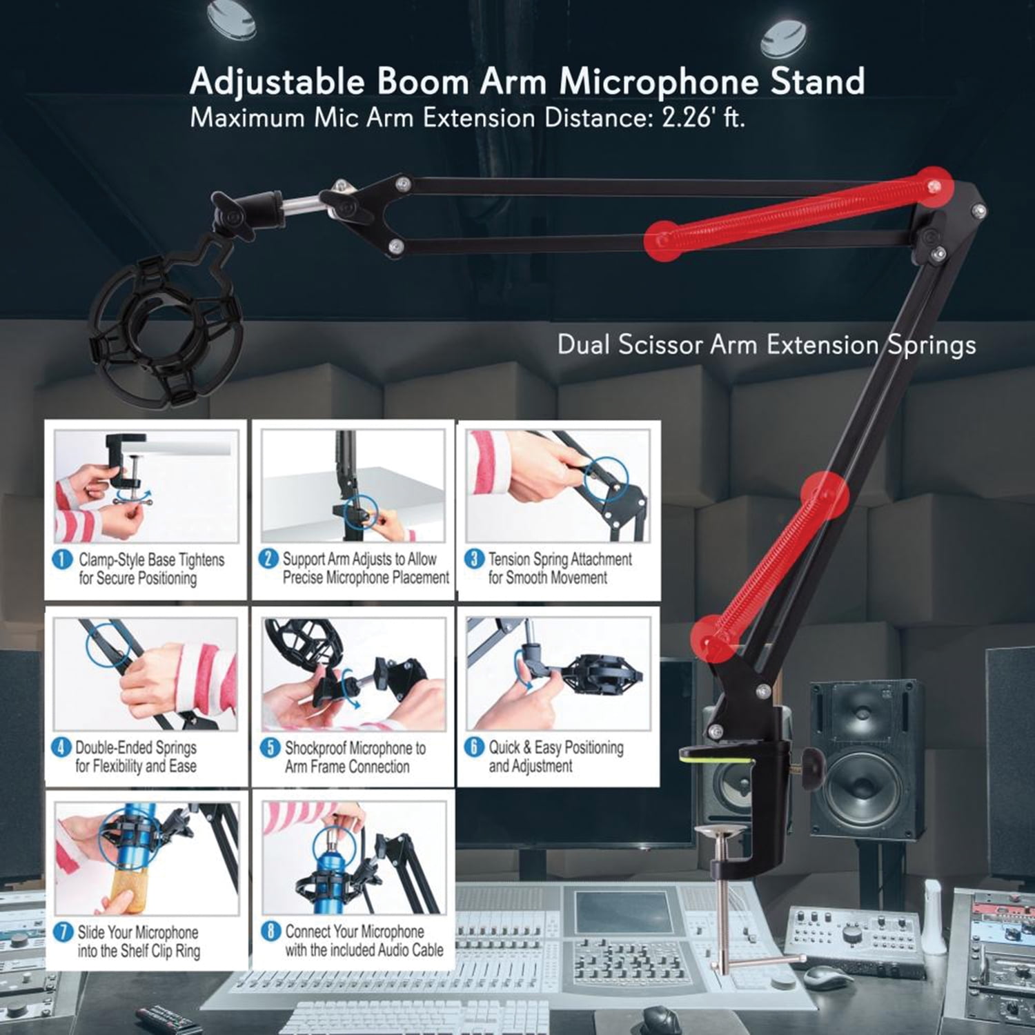 Pyle PMKSH01 - Suspension Microphone Boom Stand - Studio Scissor Arm Mic Mount Holder with Shock Mount Clip (Table Clamp Style)