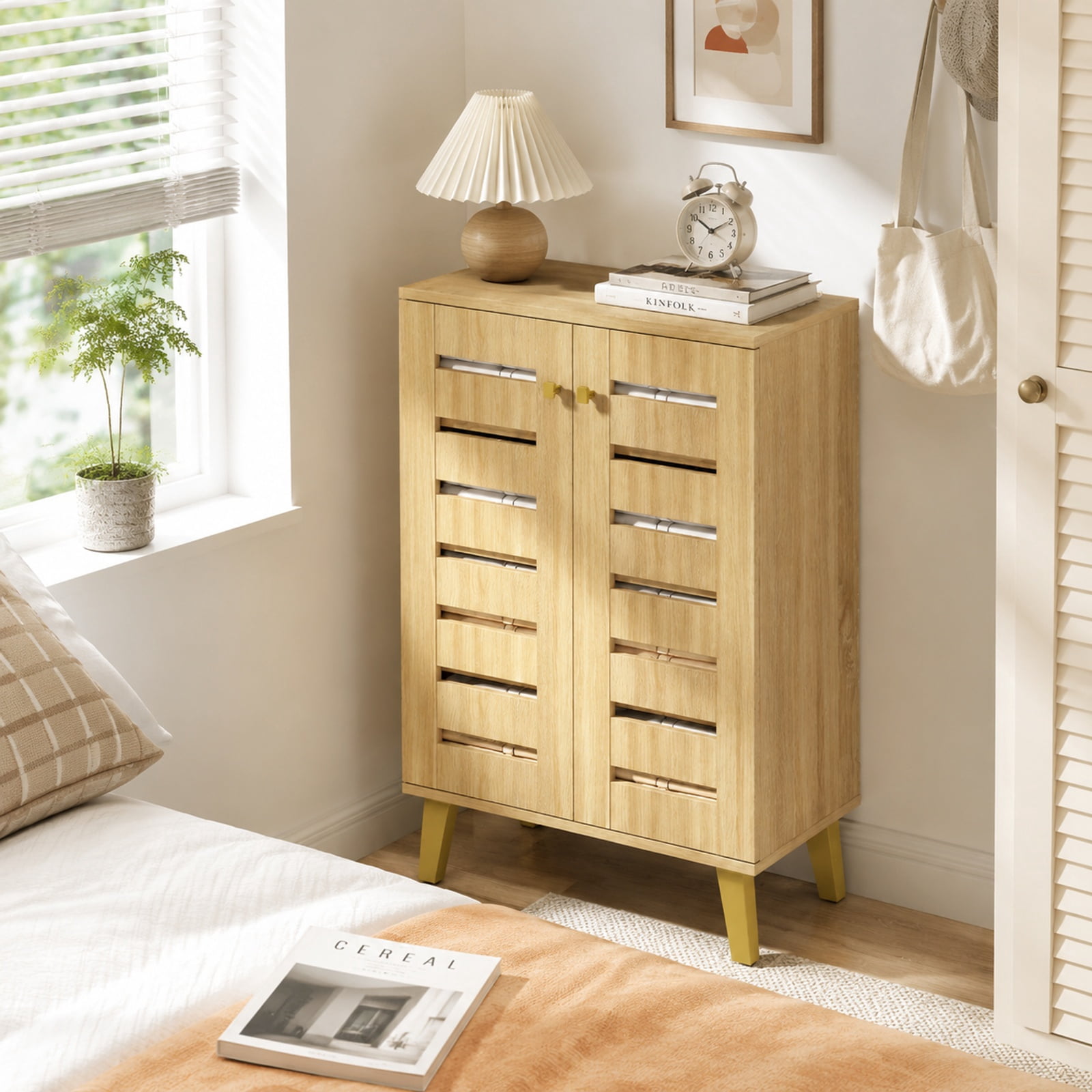 Furnibear 4 Tier Freestanding Wooden Shoe Cabinet with Louvered Doors and Removable Shelves for Entryway Hallway and Bedroom, Oak