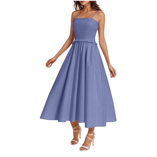 Robe d'Été pour Femmes Bretelles Spaghetti Ligne A Midi Robe Sans Manches Cocktail Fête Invité de Mariage