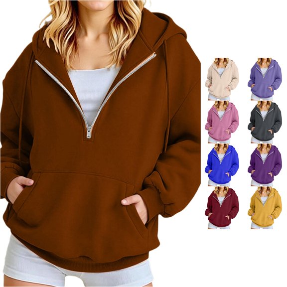 SUXIAN Fall Hoodies For Women Cozy Quarter Zip Long Sleeve Pocket Layering Warmth Womens Hoodies XXXL