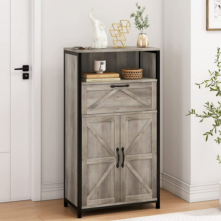 Farmhouse Storage Cabinet with Barn Door and Drawer Wood Buffet Cabinet Metal Frame Tall Slim Bathroom Cabinet Standing Sideboard for Living Room
