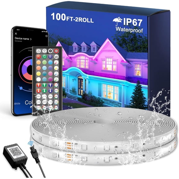 SQHQ Outdoor LED Strip Lights Waterproof 100FT (2 Rolls of 50ft) IP67 LED Light Strips with Remote, RGB Color Changing Christmas House Rope Lighting for Outside