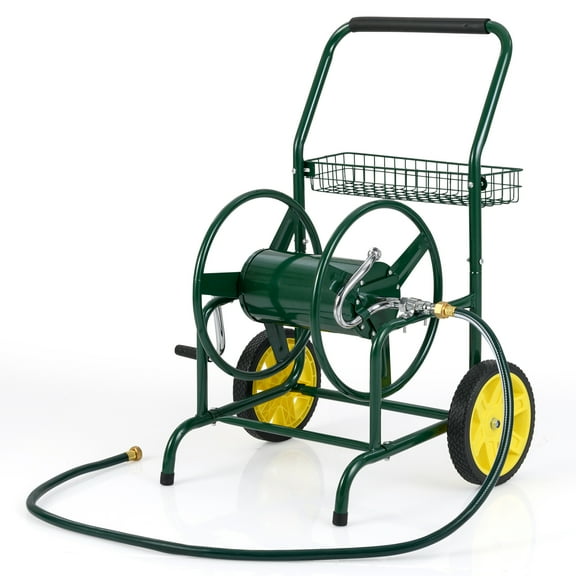 Gymax Garden Hose Reel Cart 230 FT of 5/8'' Large Capacity w/ 2 Wheels Storage Basket Green