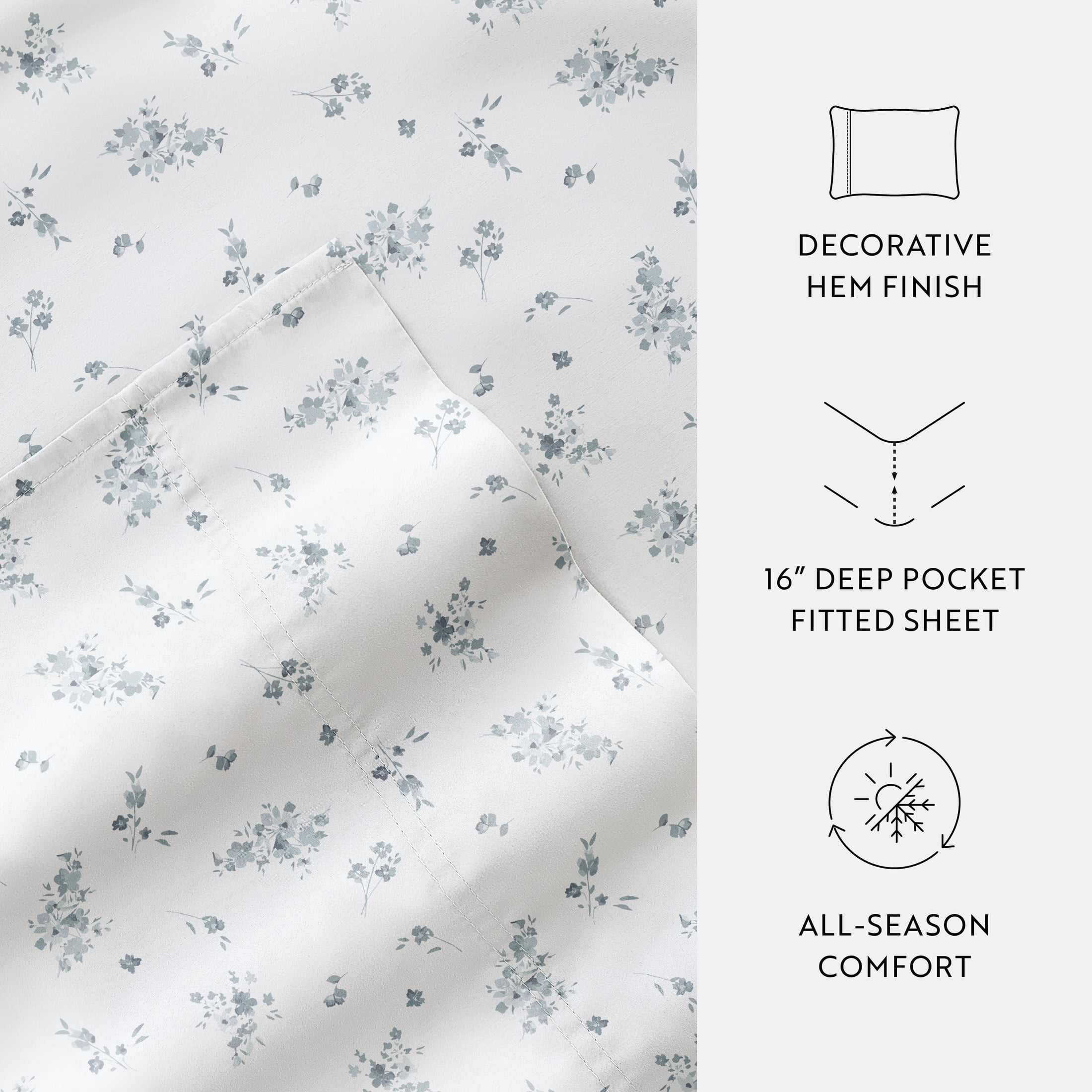 Noble Linens 4 Piece 300TC Cotton Printed Sheets, Bouquet Bliss Light Blue, Twin