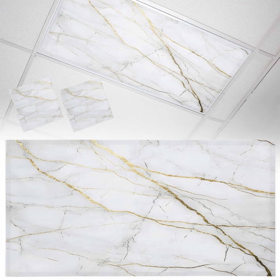2 Pack Gold White Marble Fluorescent Light Covers for Ceiling Lights Gold Lines Abstract Modern Magnetic Ceiling Light Covers Overhead Light Filters for Office Classroom Home