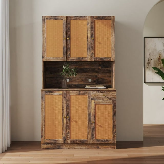 70" Tall Wardrobe, Rustic Storage with with 6 Doors, 1 Open
