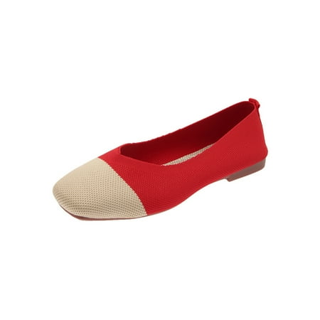 

Colisha Womens Flats Knit Upper Flat Shoes Square Toe Casual Shoe Women Lightweight Pumps Slip On Red Color Stitching 4.5