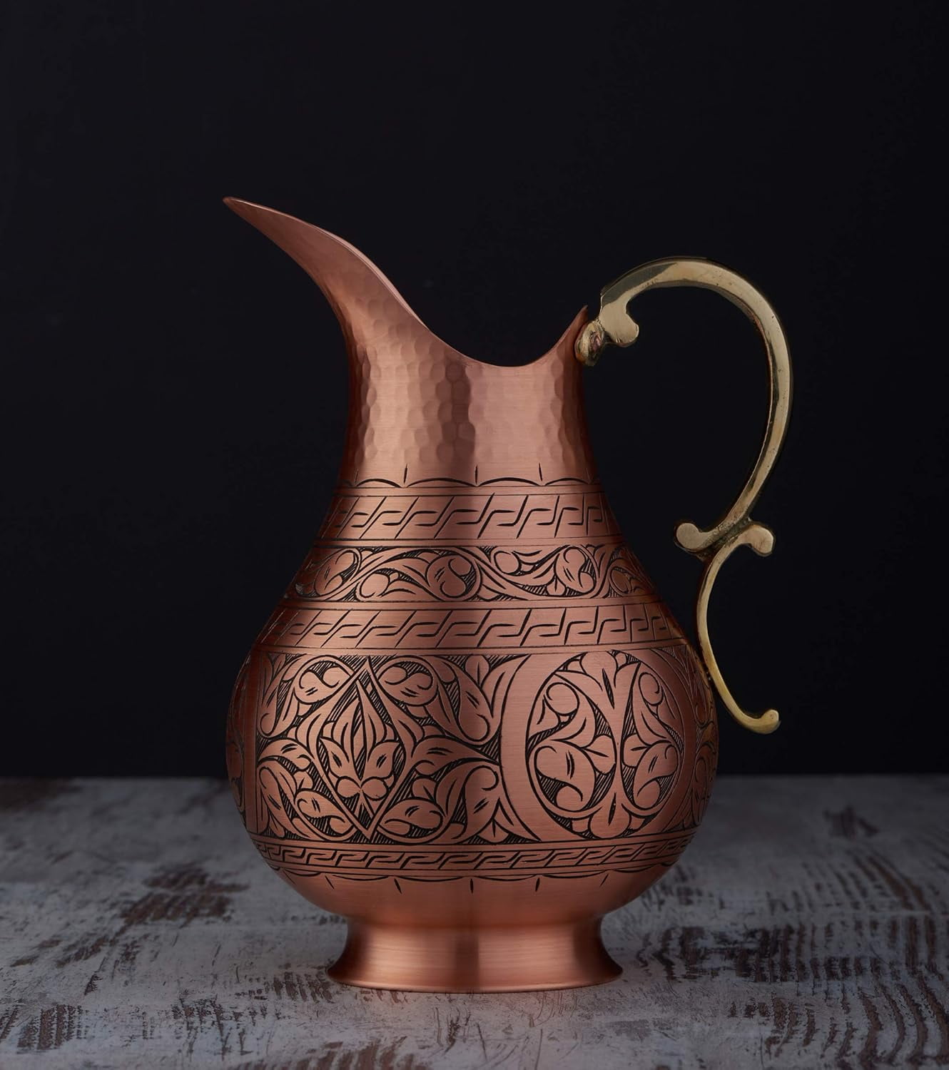 DEMMEX Handmade Engraved Copper Pitcher – 1mm Solid Turkish Copper Water Jug for Ayurvedic Drinking, Moscow Mule & Cocktails (Matte-Engraved)