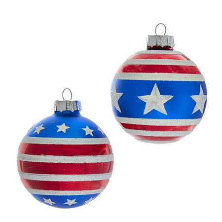 Kurt Adler 80MM Red, White and Blue Stars and Stripes Glass Ball Ornaments, 6 Piece Box