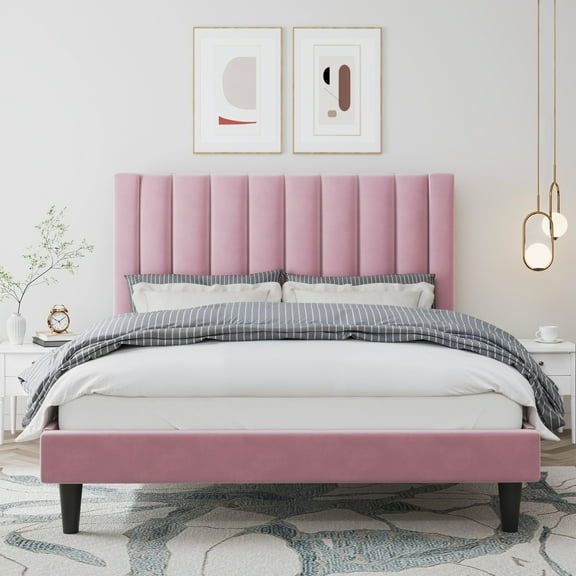 Amolife Full Size Platform Bed Frame with Upholstered Velvet Channel Headboard, Pink