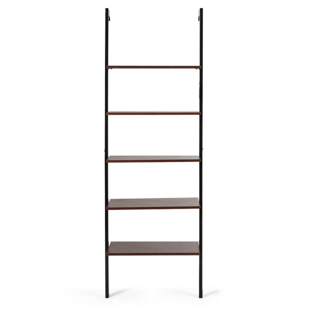 GVN 5-Tier Wood Look Ladder Shelf with Metal Frame for Home-Brown, Storage Shelves for Bedroom,Living Room, Home Office, Bedroom, Balcony