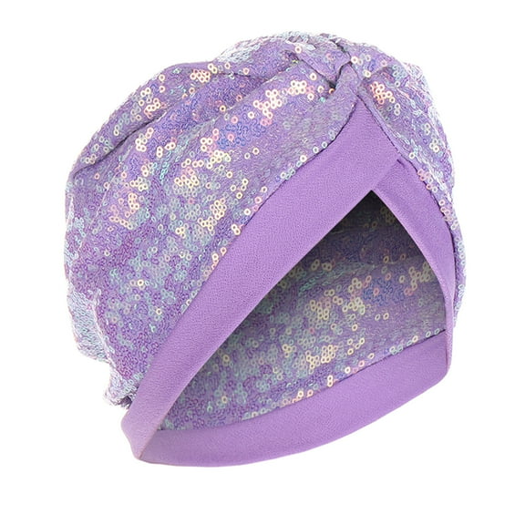 Odeerbi Turbans Beanie Cap for Women Twisted Wide Headband Solid Sequins Headwraps Muslim Ruffle Chemo Hat Headband Head Wraps Purple