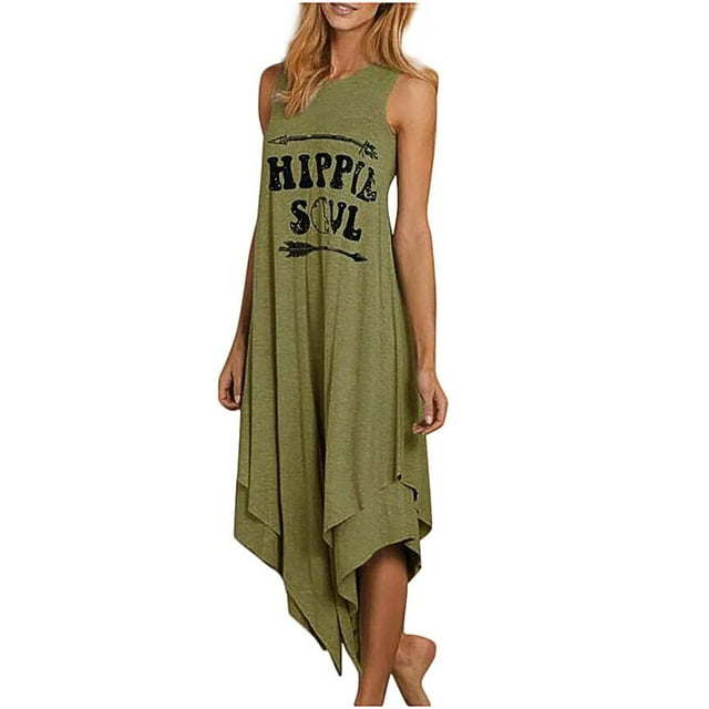 Robe Longue d'Été Décontractée Hippie pour Femmes avec Imprimé Lettre Soul, Sans Manches, Plissée Irrégulière, Ample, Double Couche, Grande Taille
