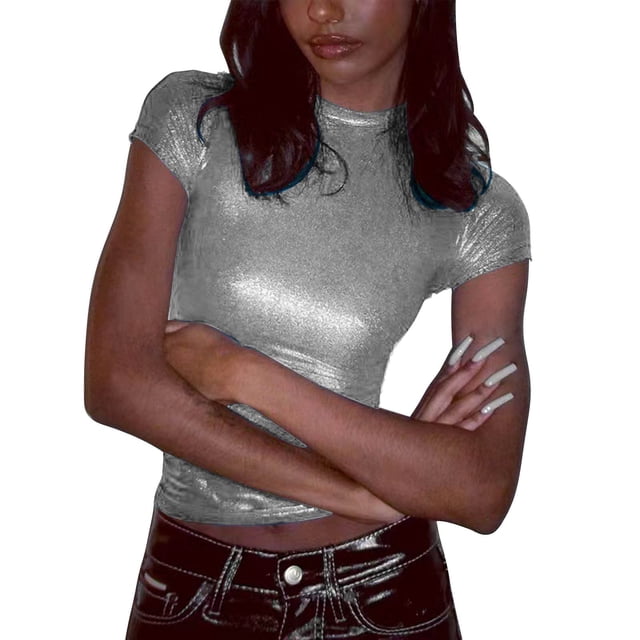 Prolriy Hauts d'Été pour Femmes 2025 T-Shirt à Manches Courtes Col Rond Métallique Brillant Réfléchissant Couleur Unie Argent m
