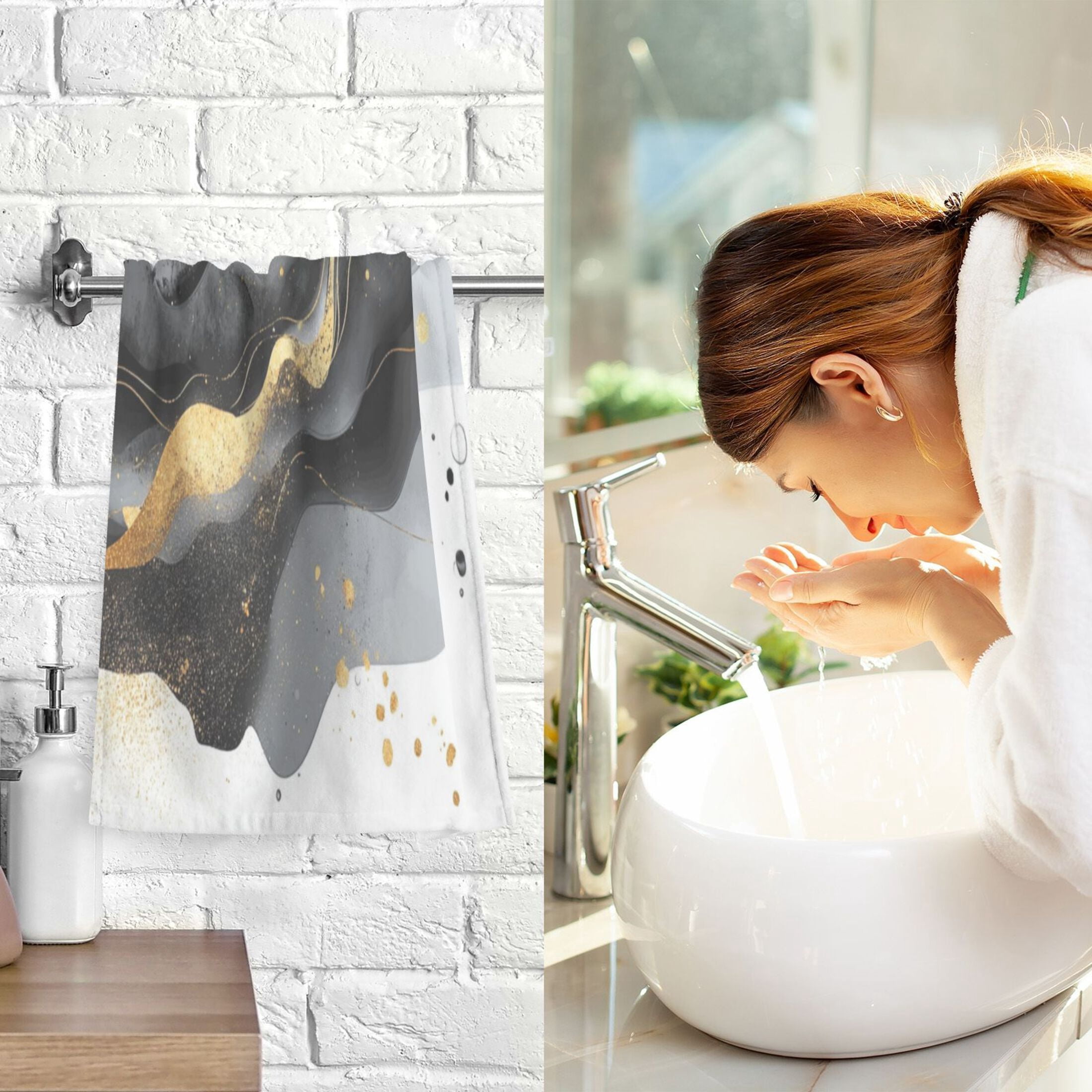 2 Pcs Absorbent Face Towel Bath Hand Towels Soft Breathable Cotton Towel Set for Bathroom Kitchen Hotel Spa Decor Black and Gold Shapes