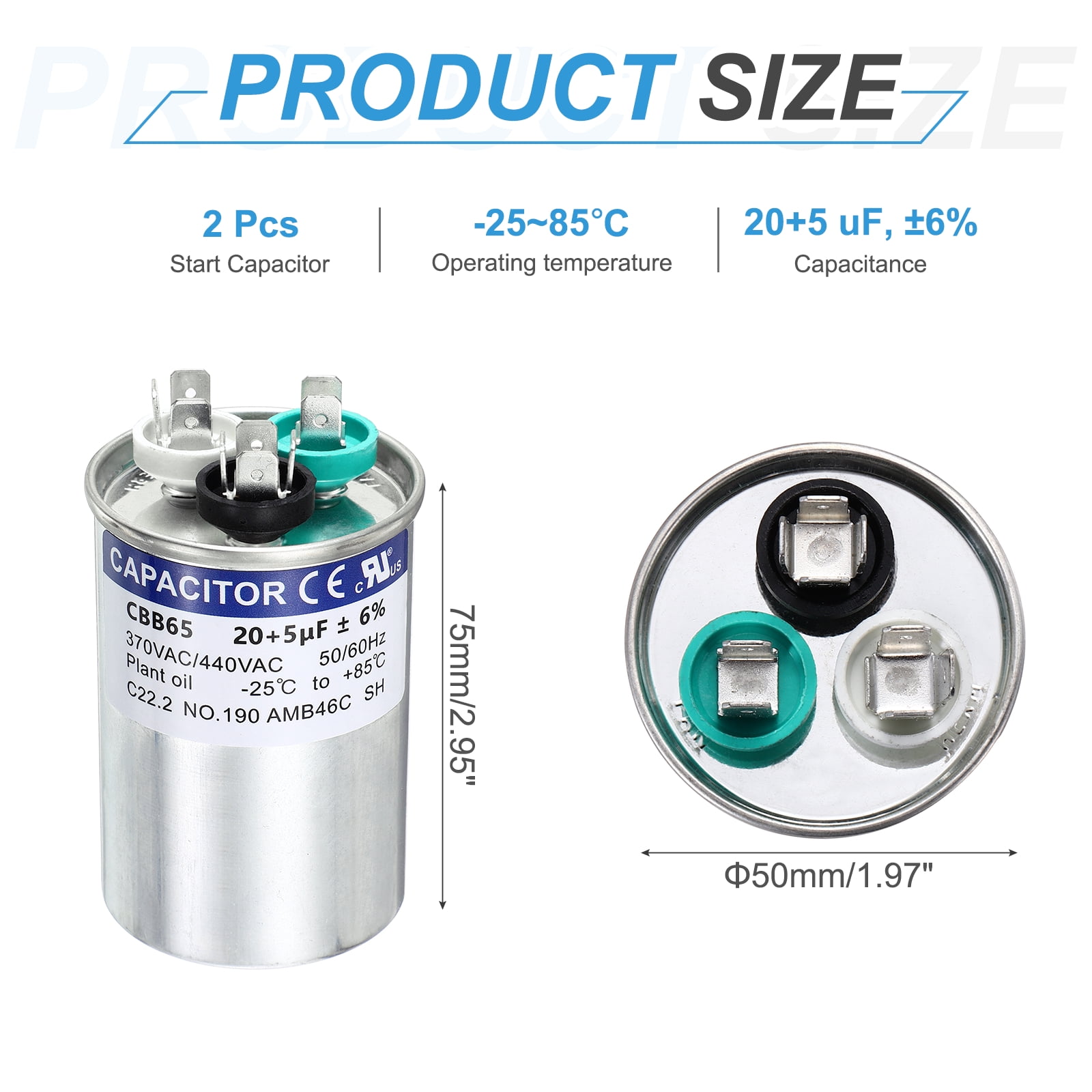 Uxcell 2Pcs 20+5 MFD CBB65 Run Start Capacitor 20+5 uF, 370/440V Round AC Capacitor for AC Motor Run, HVAC, Air Conditioner, Condenser Motors