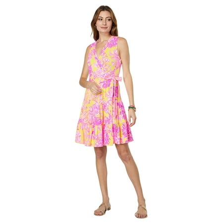 Lilly Pulitzer Folly Floral Wrap Dress Calla Yellow Floral Coral SM ...