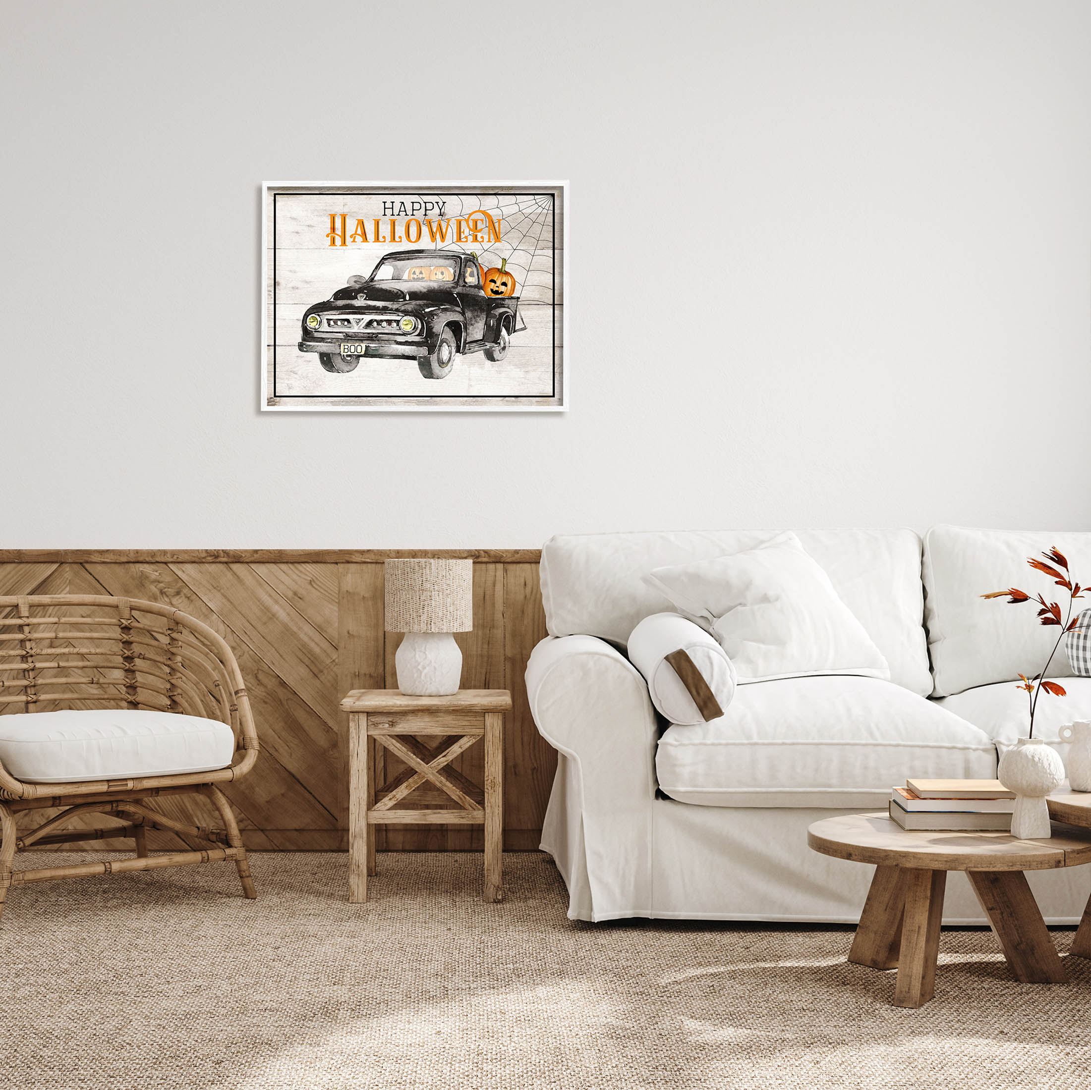Stupell Industries Happy Halloween Pumpkin Truck Graphic Art White Framed Art Print Wall Art, Design by Daniela Santiago
