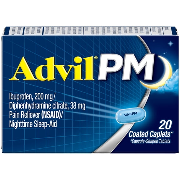 Advil PM Sleep Aid Pain Relievers, Ibuprofen, Diphenhydramine, Coated Caplet, 20 Count