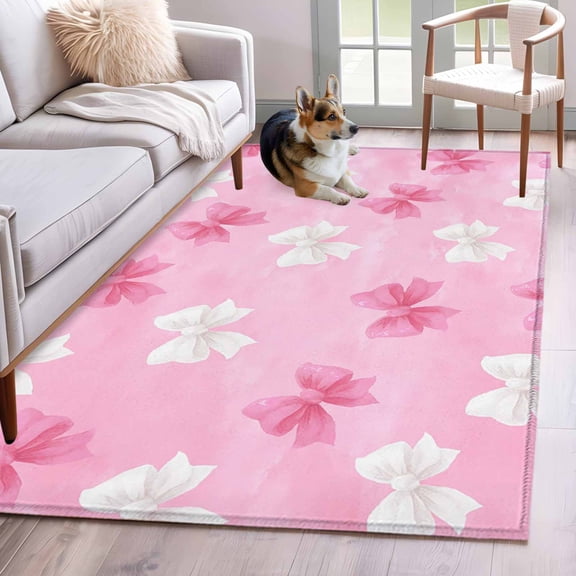 Area Rug for Living Room, Pink White Bow Non-Slip Indoor Large Carpet for Bedroom/Dining Room, Modern Art Watercolor Bowknot Washable Low-Profile Rectangle Floor Mat Runner Rugs - 2.7 x 5 Ft