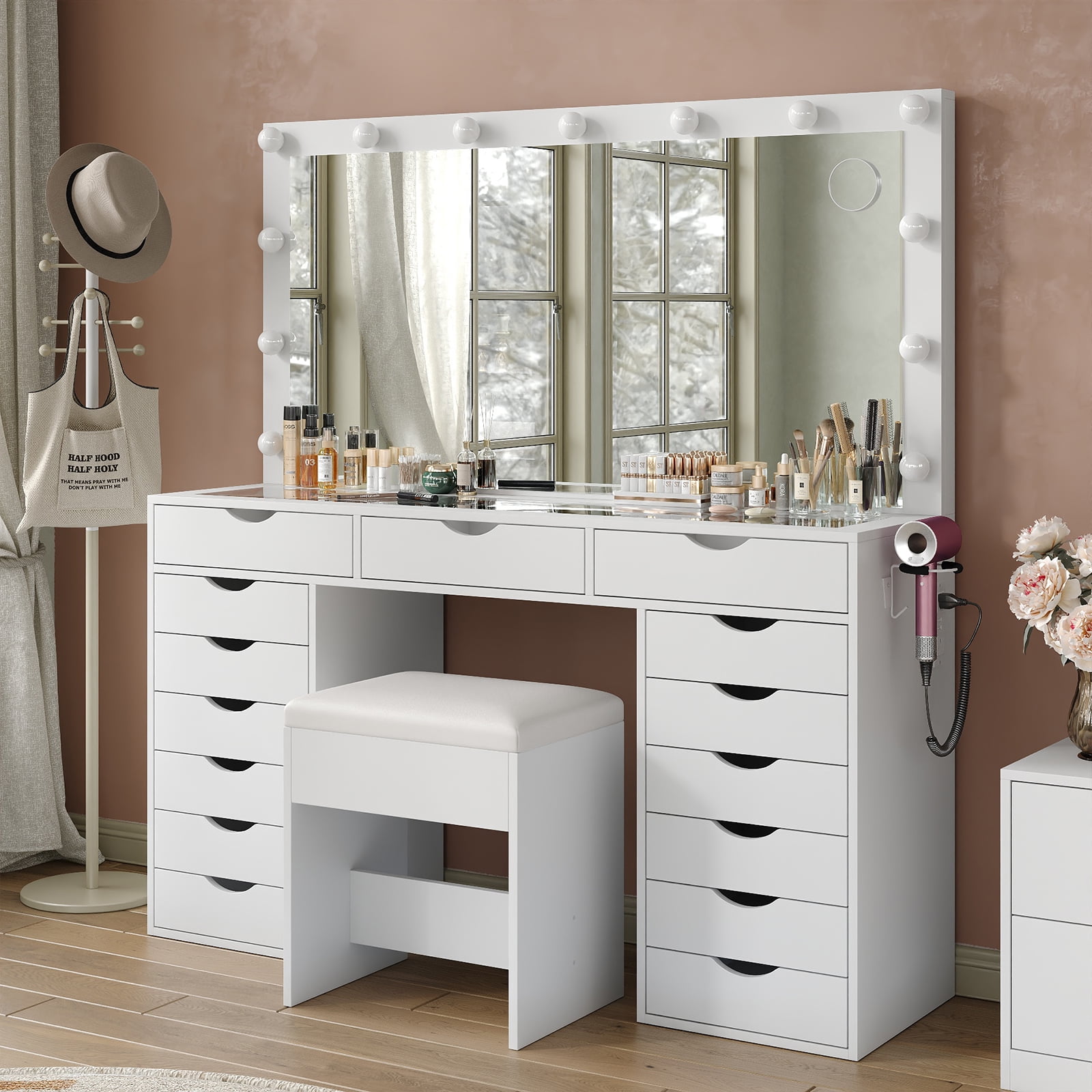 Yanosaku 15 Drawers Vanity Desk with Power Outlet, Makeup Table with Mirror and 13 LED Lights, 3 Color Lighting Modes, Brightness Adjustable, Glass Top Dressing Table, Vanity Set for Bedroom