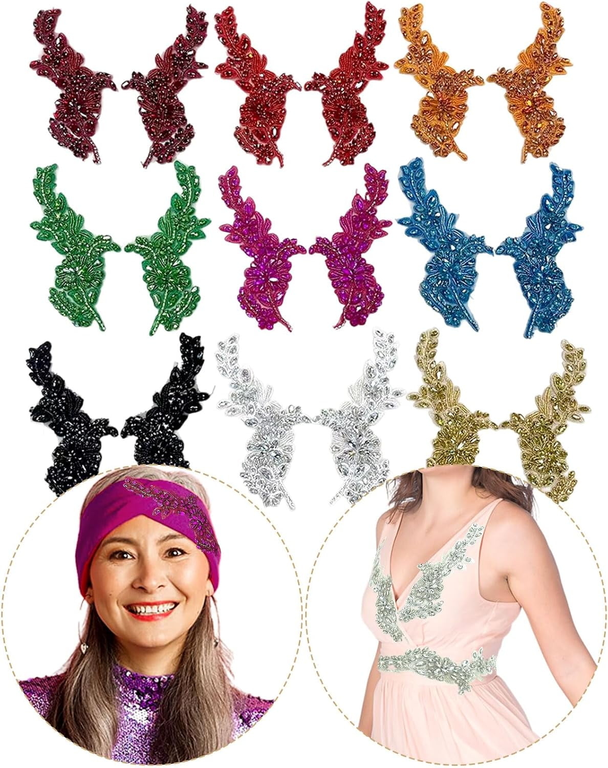 ABPETE 1 Pair Handmade Flower Rhinestone Applique for Clothes, Crystal Fabric Patches for Wedding Dress, Bling Beaded Embroidery Lace Applique for Hat Hairband Sewing Embellishment (Gold)