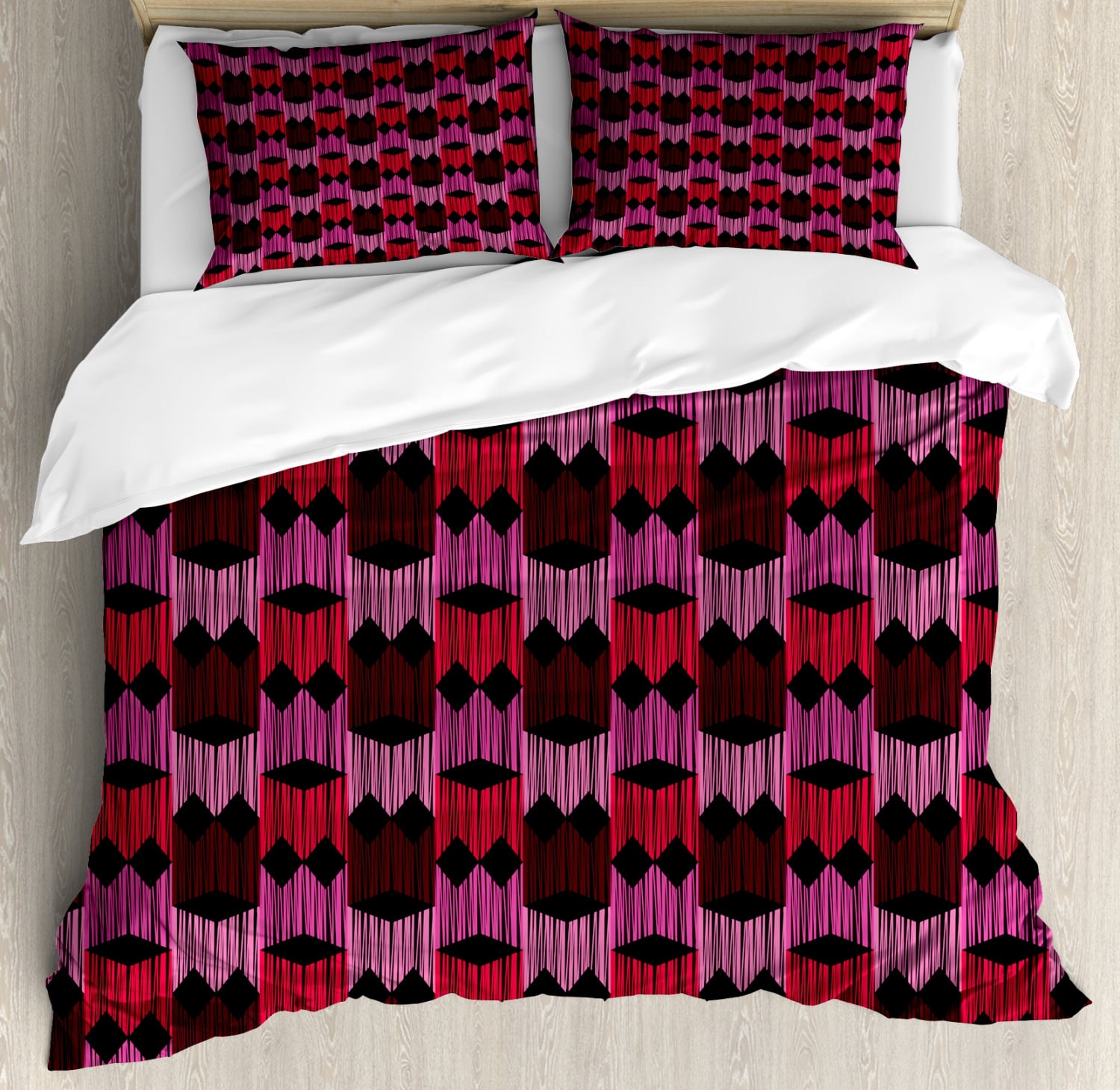 Geometric Duvet Cover Set King Size, Ethnic Arrangement of Rhombuses