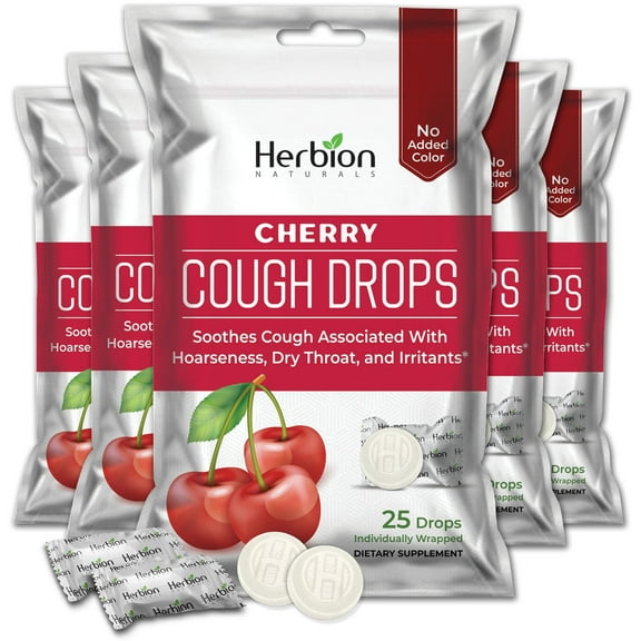 Herbion Naturals Cough Drops with Natural Cherry Flavor, Dietary Supplement, Soothes Cough, For Adults and Children over 6 years, 25 Drops, No Artificial Flavor, No Added Color