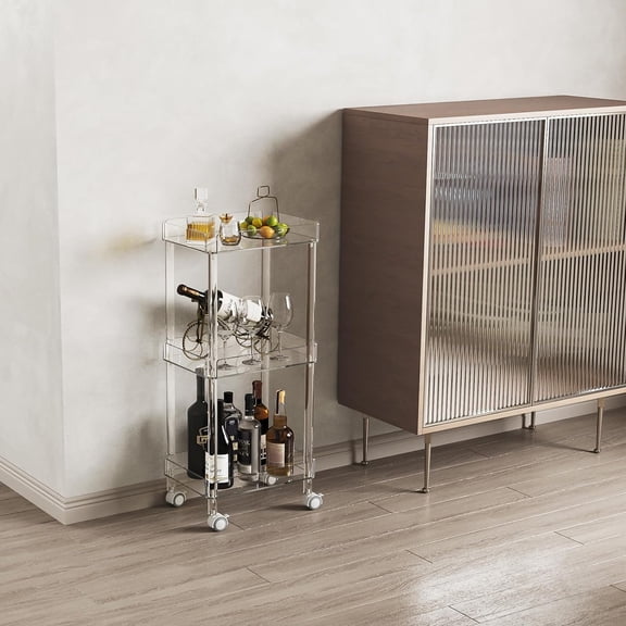 Small Acrylic Bar Cart, 15.2" L x 11.2" W x 34.2" H, 3 Tier Mini Rolling Serving Cart with 4 Lockable Wheels for Home Bar, Kitchen, Living Room, Modern, Clear