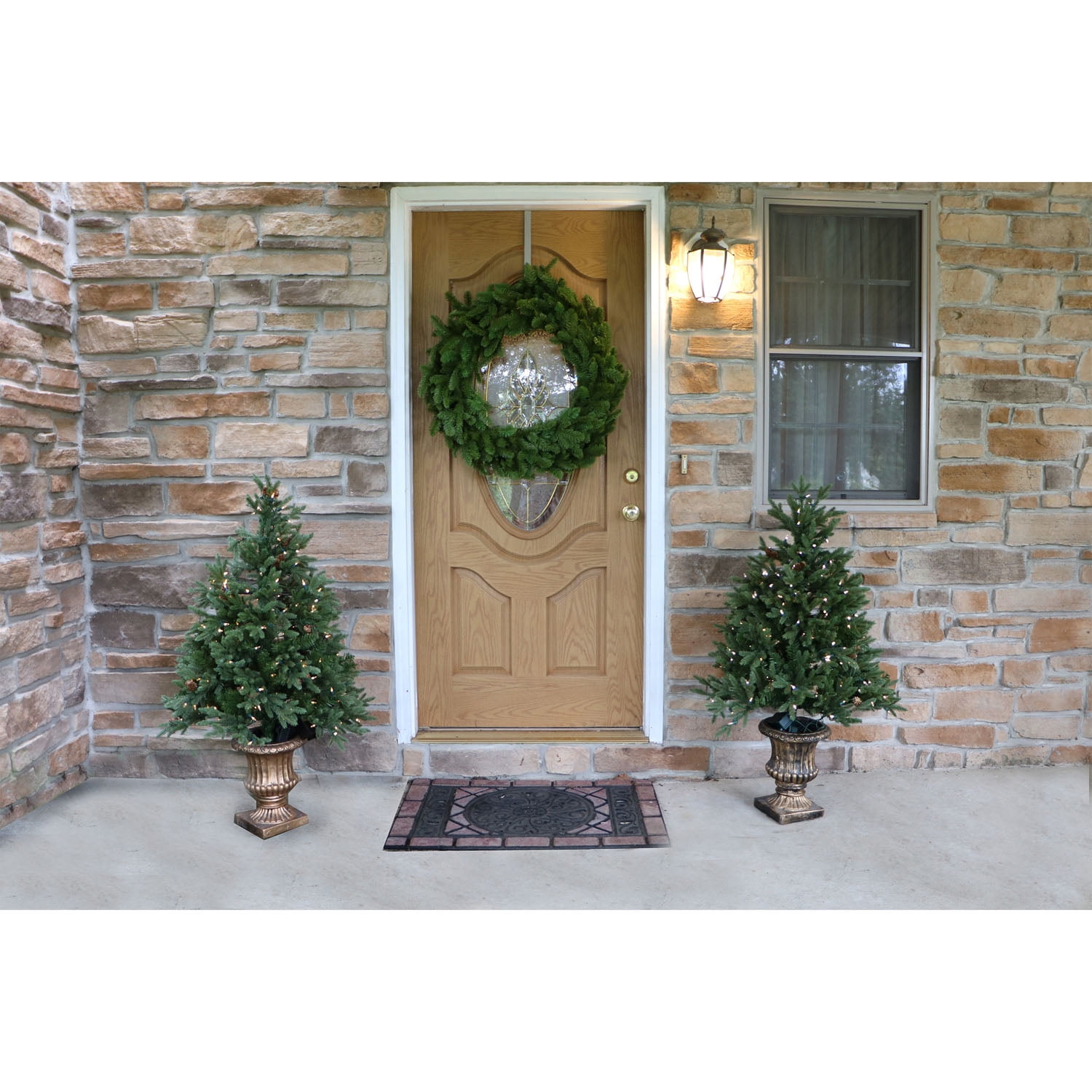 Fraser Hill Farm Set of Two 4-Ft. Noble Fir Artificial Trees with Metallic Urn Bases and Multi-Colored LED String Lights, FFNF056-6GRB/SET2
