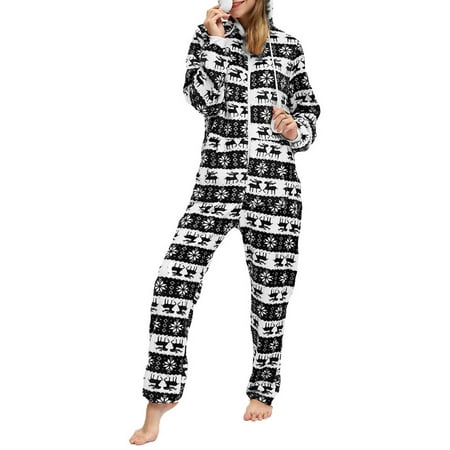 

Women s Christmas Hoodie One-piece Pajamas Fleece Women s Fawn Snowflake Printed One Piece
