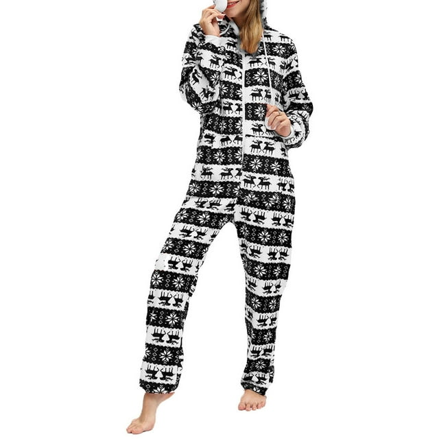 Gupgi Female Deer/ Snowflake Print Long Sleeve Hooded Jumpsuit with Zipper