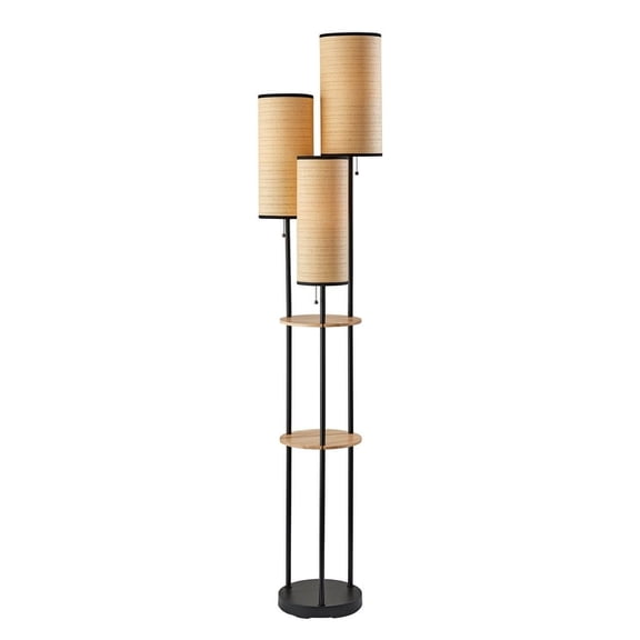 Adesso Trio 68.5" 3-Light Modern Black & Natural Wood Shelf Floor Lamp