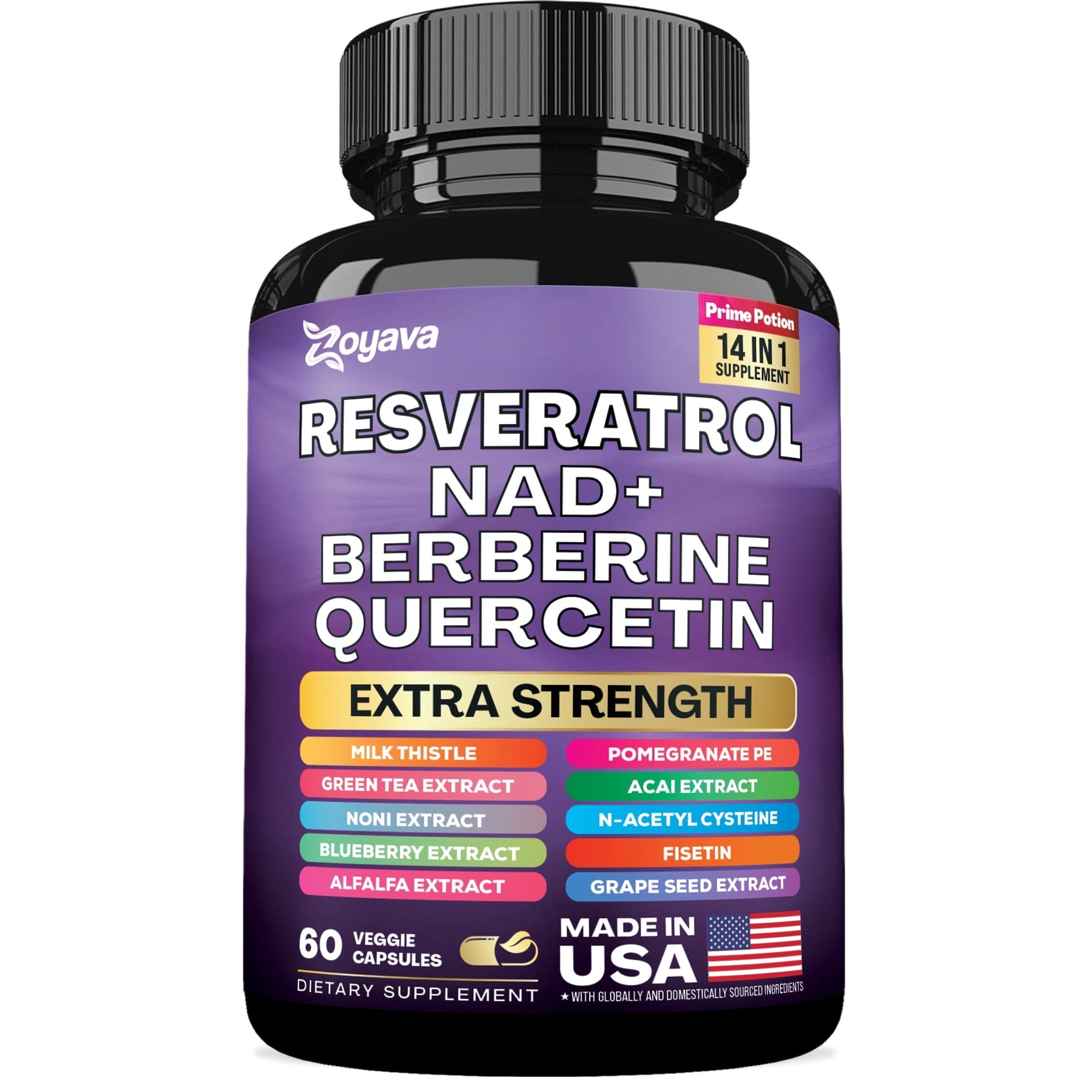 Zoyava Resveratrol Supplement with Milk Thistle, NAD+, Berberine, Quercetin, NAC, Grape Seed, Green Tea - 12600mg