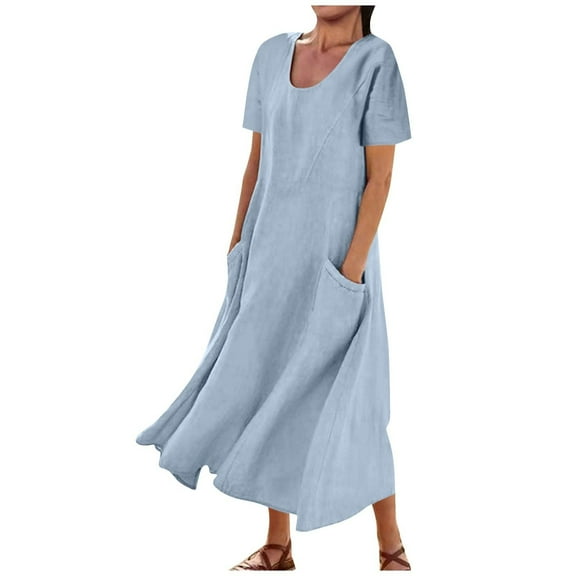 FAFWYP Summer Dresses for Women, Casual Solid Color Tank Dress Short Sleeve Round Neck Cotton Linen Dress Long Maxi Swing with Pockets on Clearance