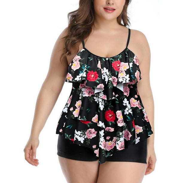 Womens Plus Size Layered Ruffled Tankini Swimsuits with Boyshort Two