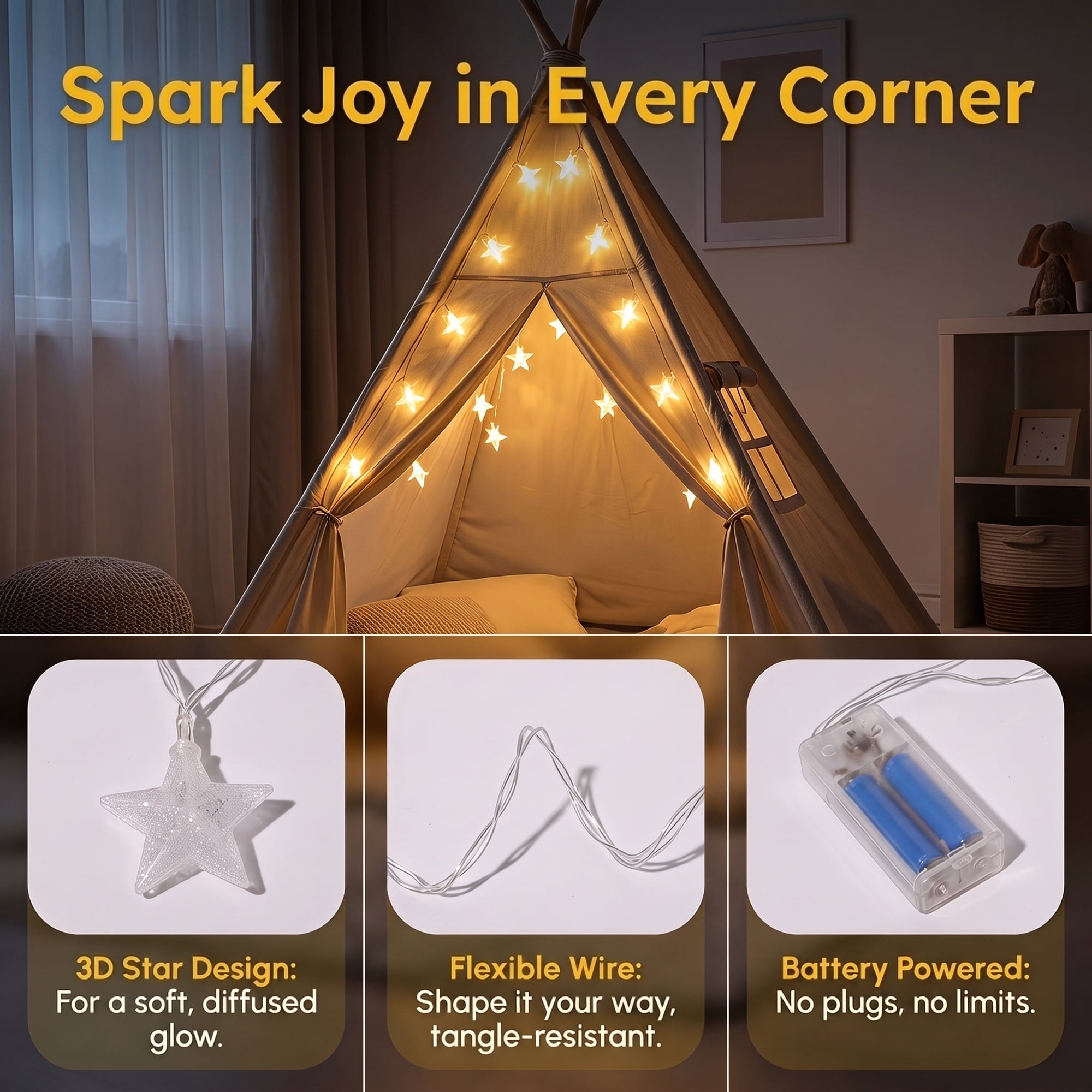 Unique Bargains 3D Star Lights with Flexible Design 9.8 ft Warm White Two Battery Operated